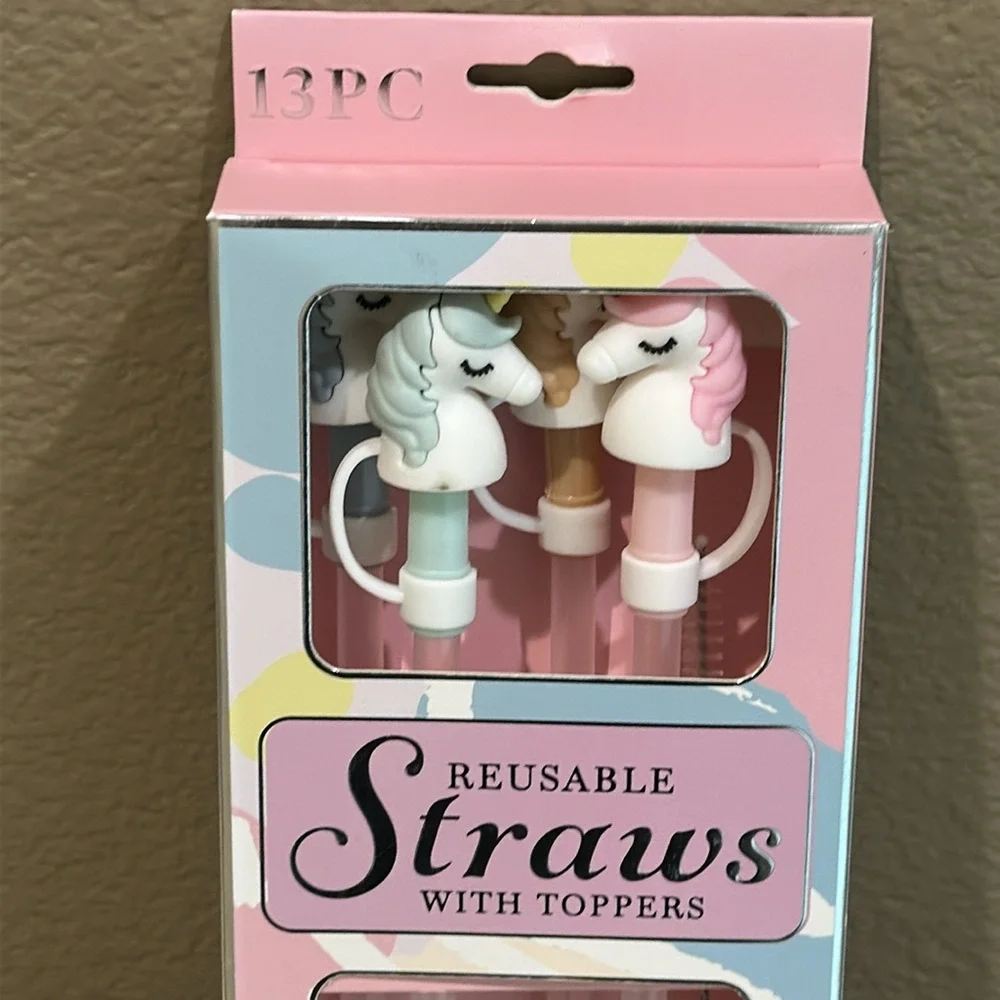 Unicorn Reusable Straws with Toppers - multi colors 13 pcs